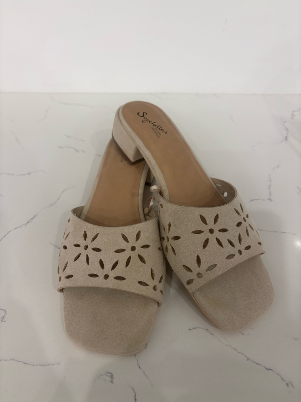 Seychelles Sandstone Laser-Cut Suede Slide Mules